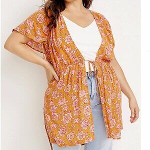 Maurices 1X Kimono Floral Cinched Sleeve Front Tie Crinkle Gauze